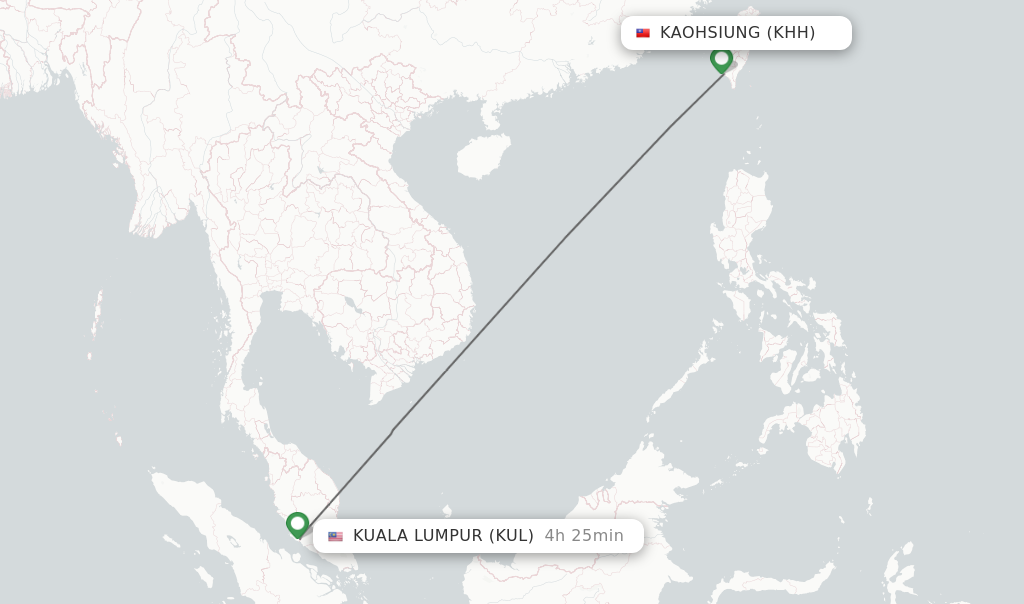Flights from Kaohsiung to Kuala Lumpur route map