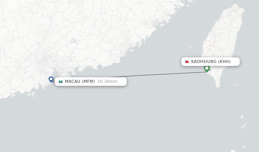 Flights from Kaohsiung to Macau route map