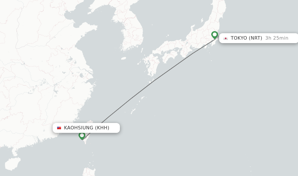 Flights from Kaohsiung to Tokyo route map
