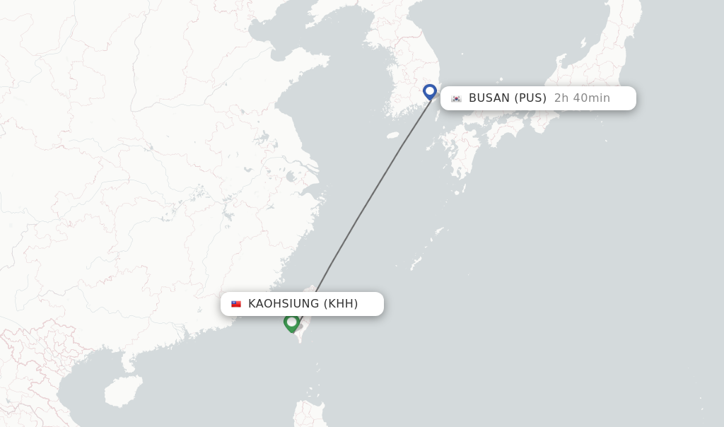 Flights from Kaohsiung to Busan route map