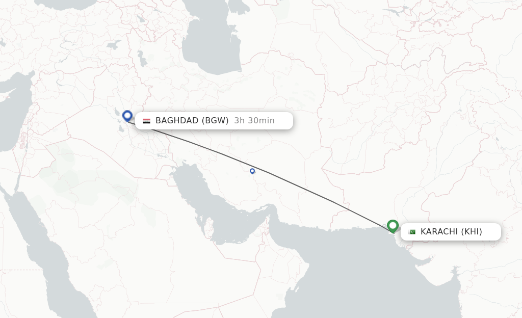 Flights from Karachi to Baghdad route map