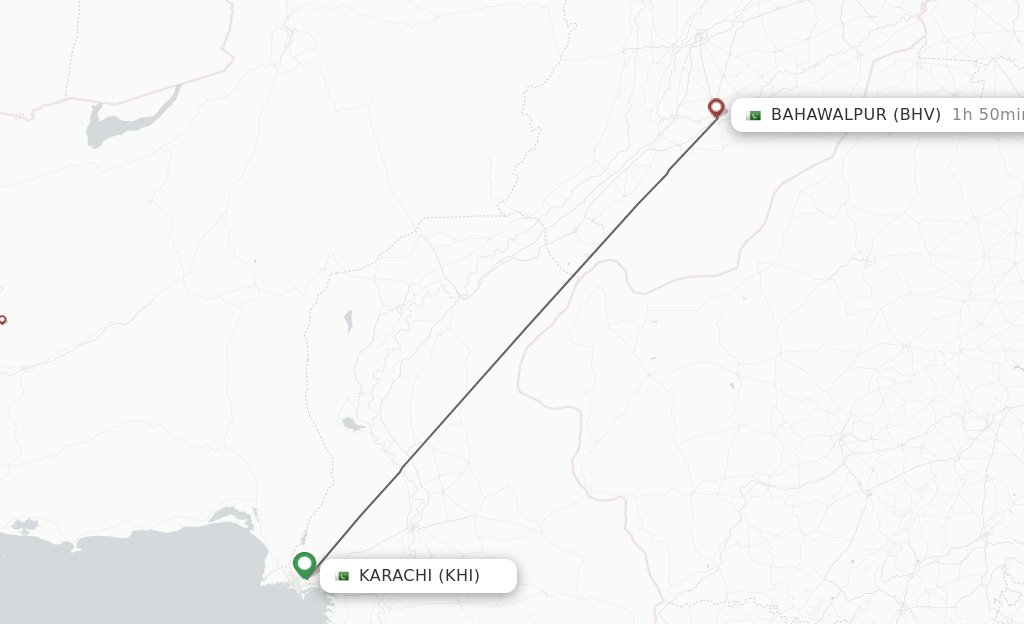 Flights from Karachi to Bahawalpur route map