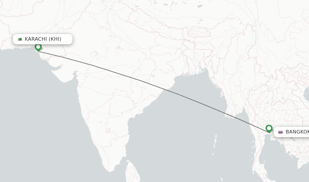 Flights from Karachi to Bangkok route map