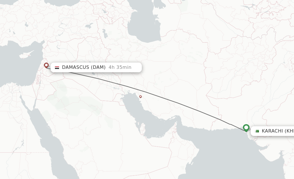 Flights from Karachi to Damascus route map