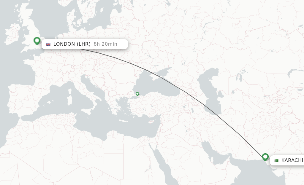Flights from Karachi to London route map