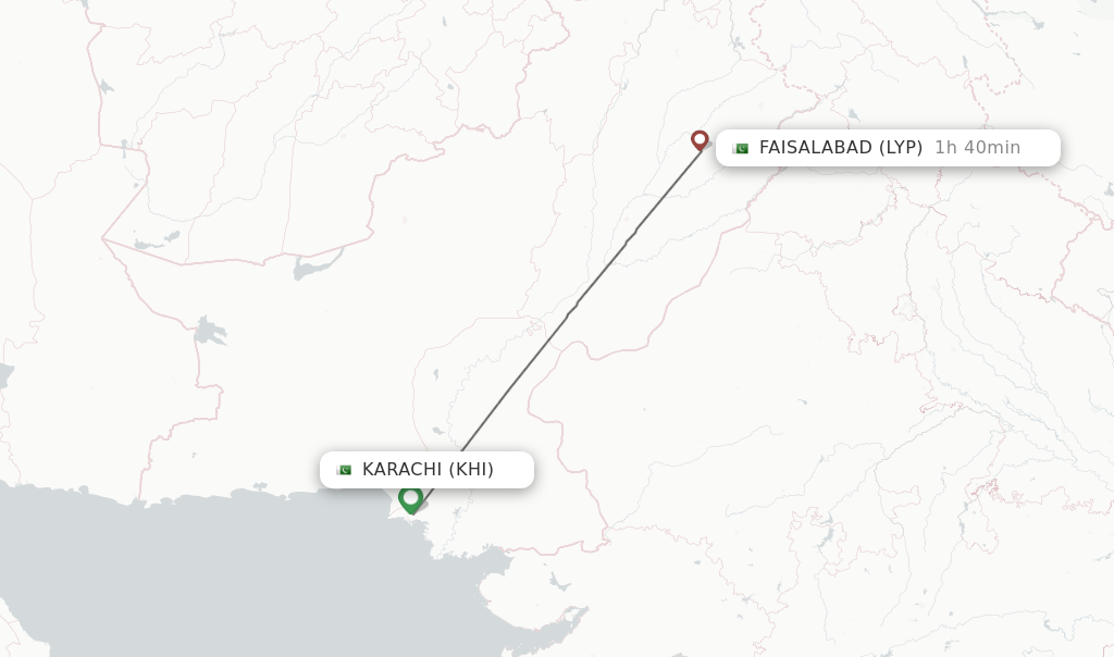 Flights from Karachi to Faisalabad route map