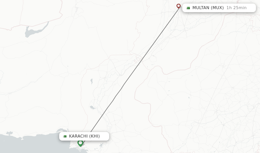 Flights from Karachi to Multan route map
