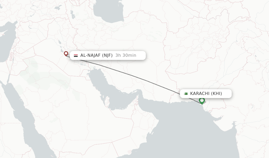 Flights from Karachi to Al-Najaf route map