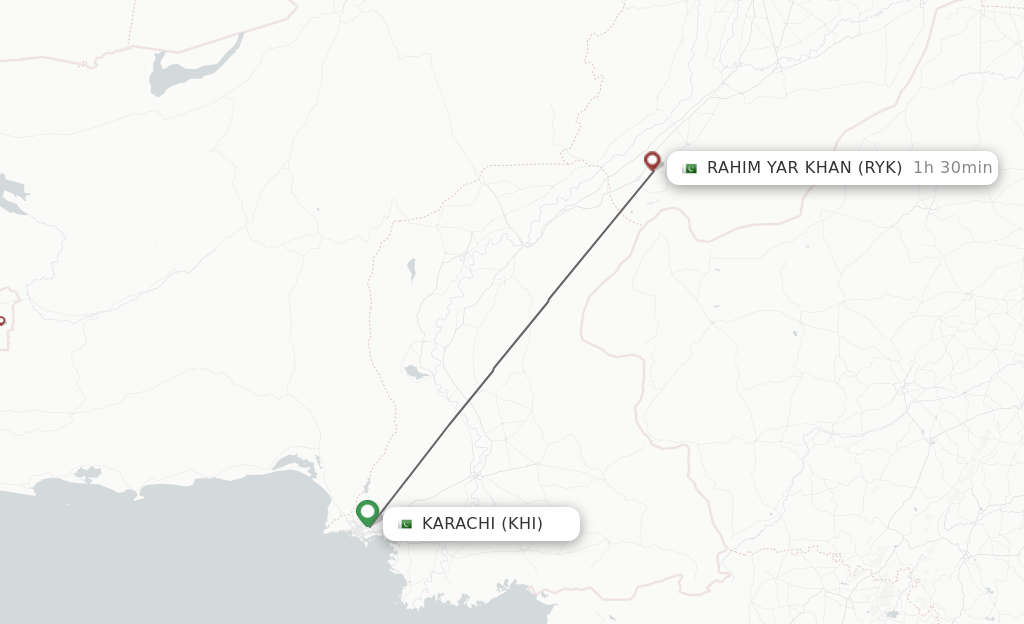 Flights from Karachi to Rahim Yar Khan route map