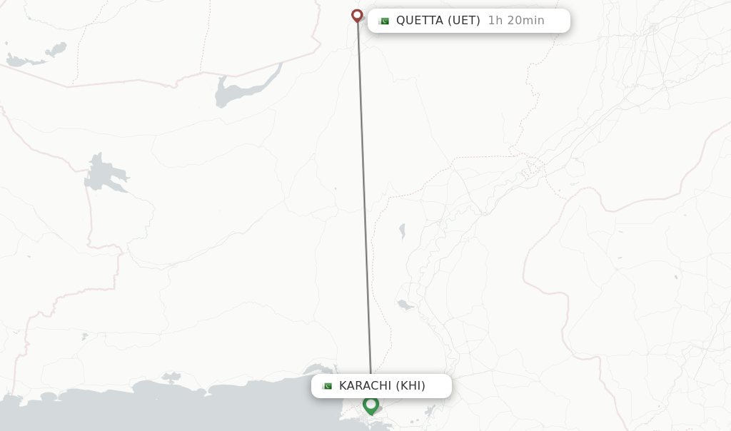 Flights from Karachi to Quetta route map
