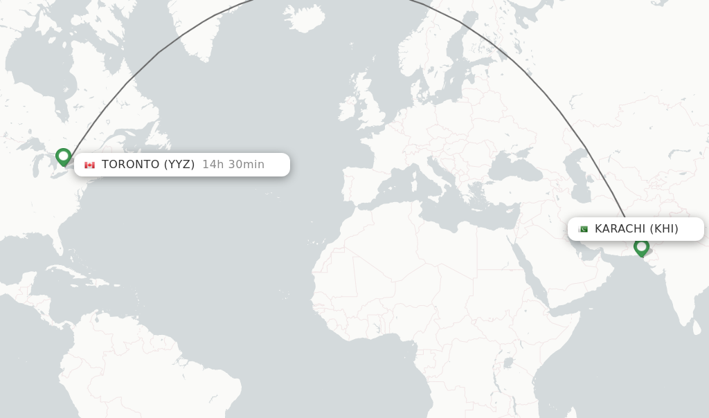 Flights from Karachi to Toronto route map