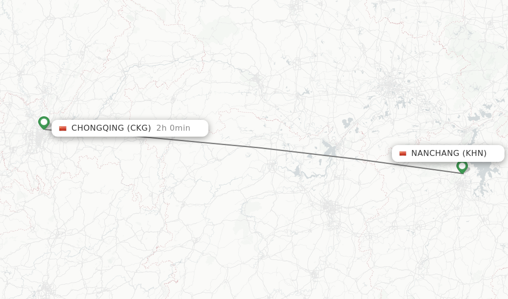 Flights from Nanchang to Chongqing route map