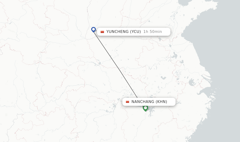 Flights from Nanchang to Yuncheng route map