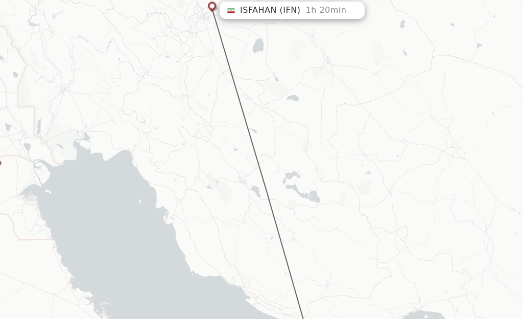 Flights from Kish Island to Isfahan route map