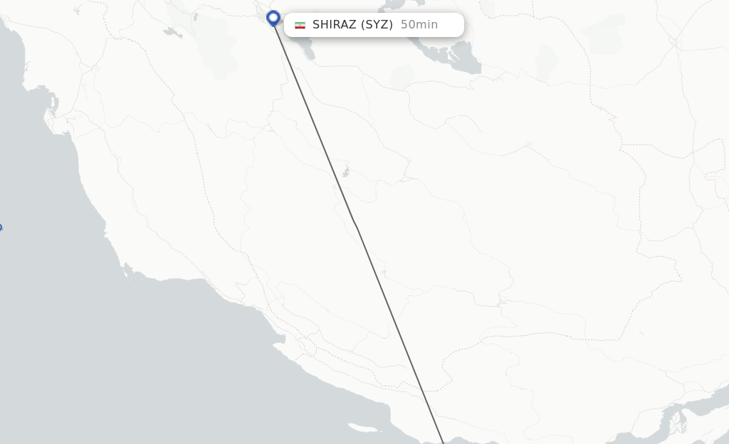Flights from Kish Island to Shiraz route map