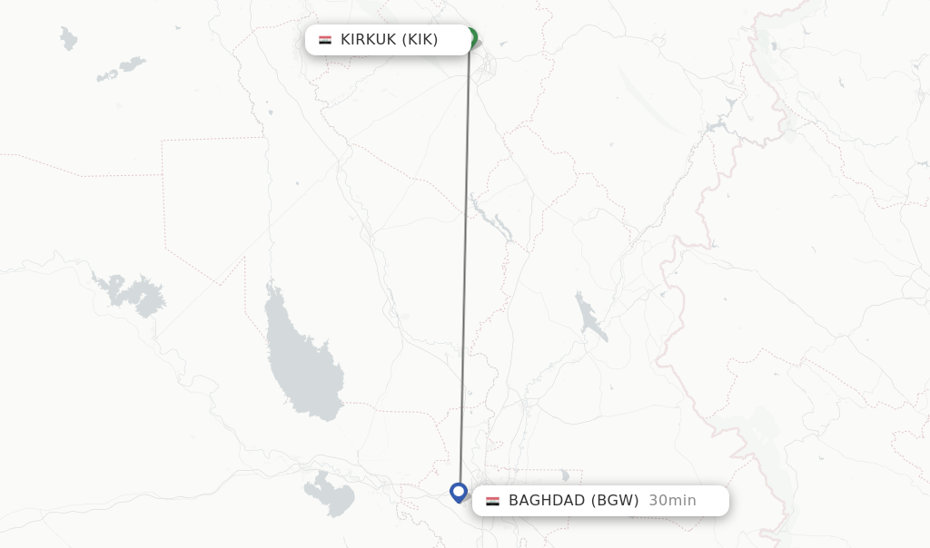 Flights from Baghdad to Kirkuk route map