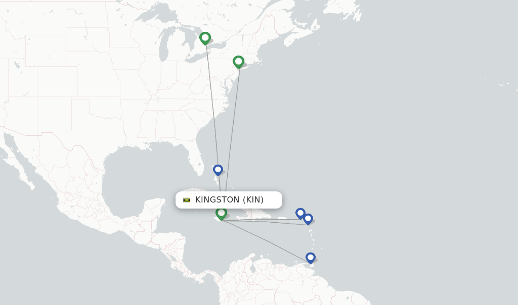 Route map with flights from Kingston with Caribbean Airlines