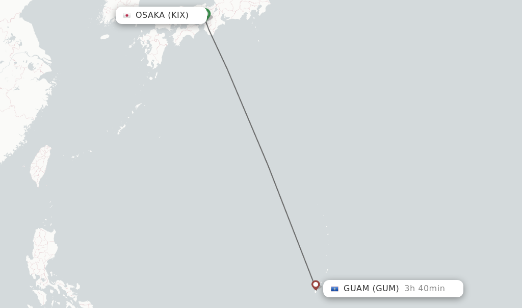 Flights from Osaka to Guam route map