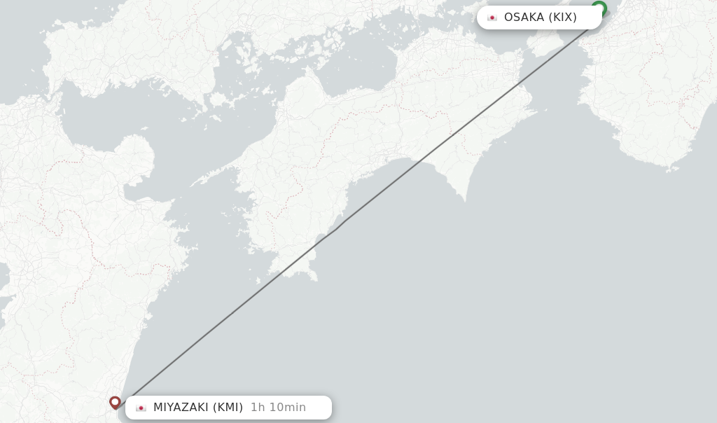 Flights from Osaka to Miyazaki route map