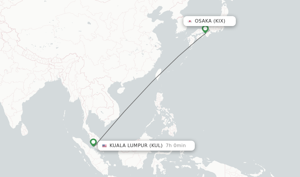 Flights from Osaka to Kuala Lumpur route map