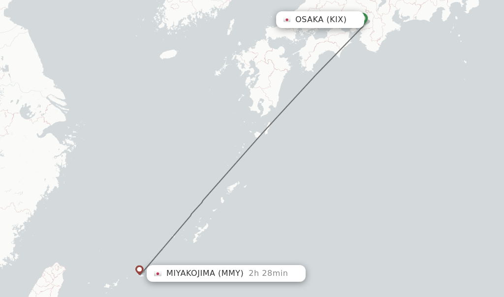 Flights from Osaka to Miyakojima route map