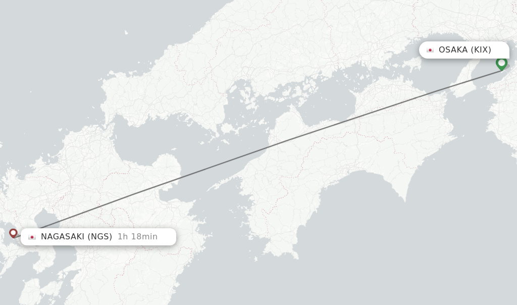 Flights from Osaka to Nagasaki route map