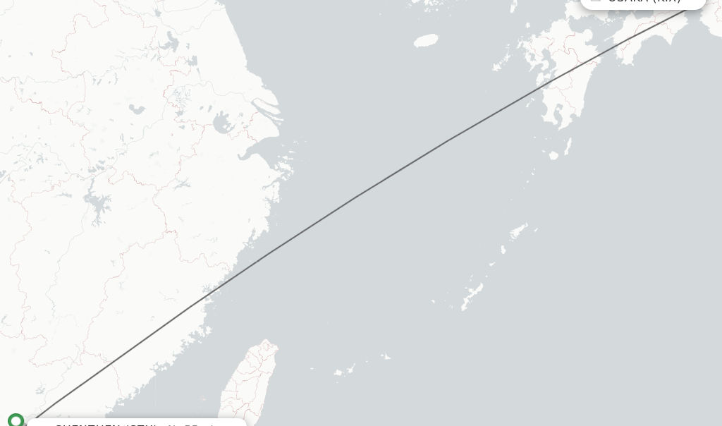 Flights from Osaka to Shenzhen route map