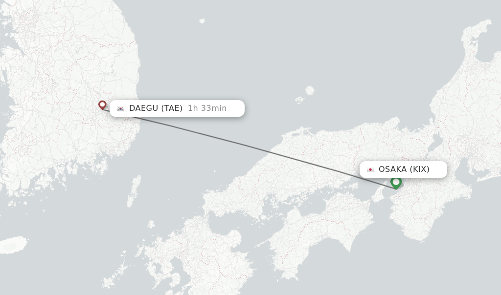 Flights from Osaka to Daegu route map