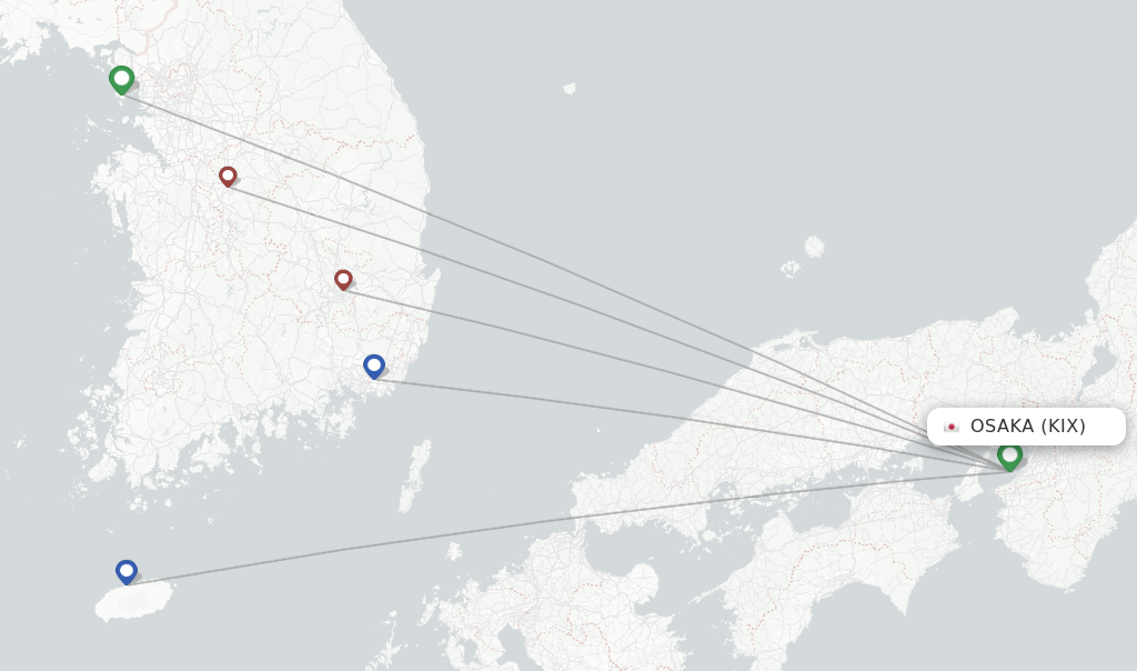 Route map with flights from Osaka with T´Way Air