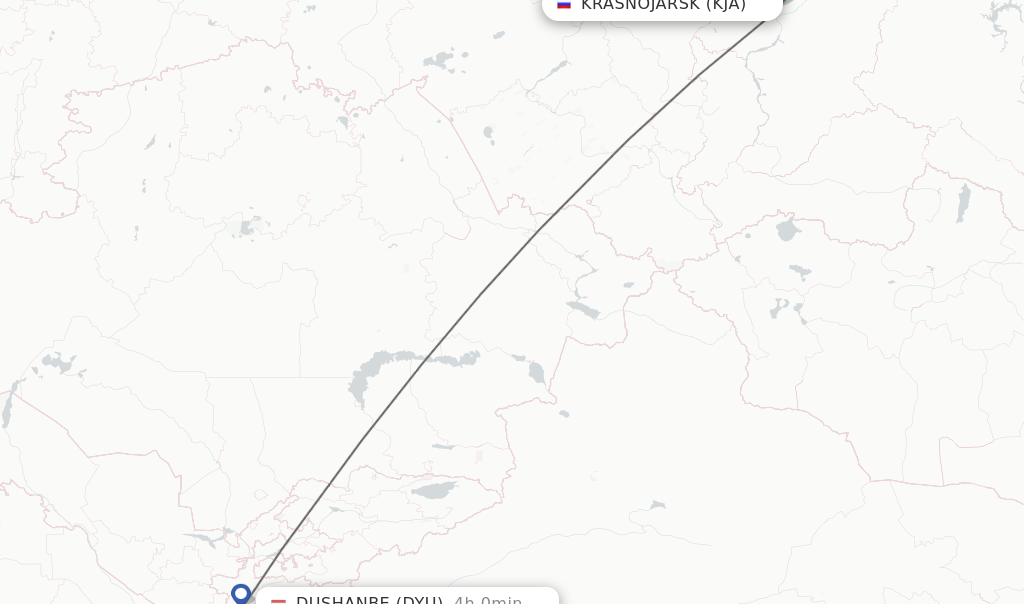 Flights from Krasnojarsk to Dushanbe route map