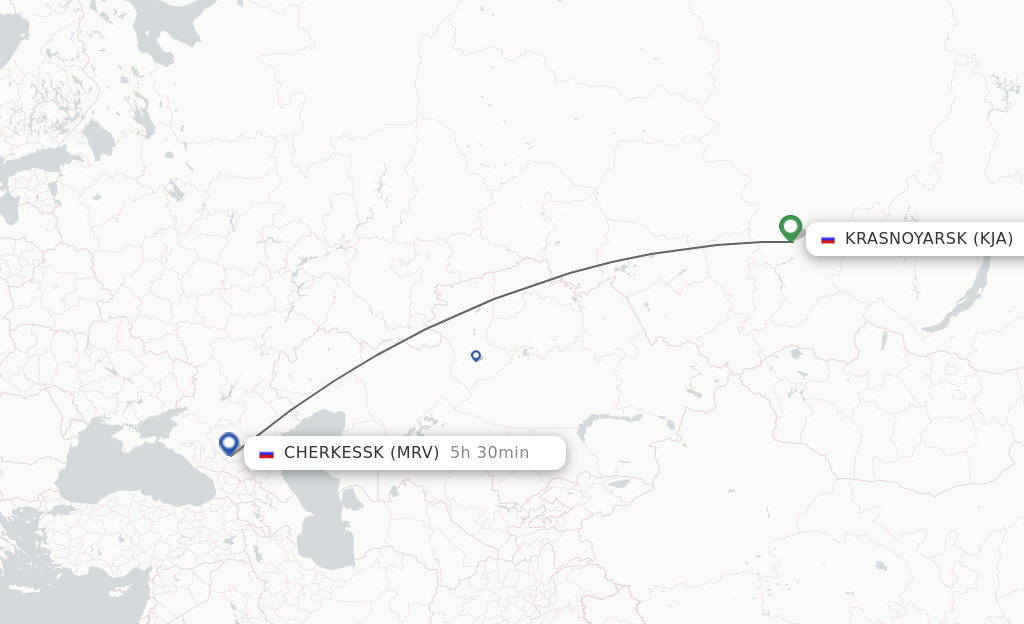 Flights from Krasnojarsk to Mineralnye Vody route map