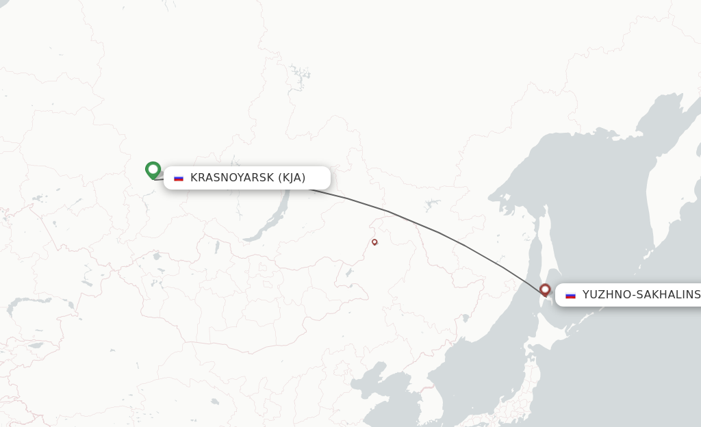 Flights from Krasnojarsk to Yuzhno-Sakhalinsk route map