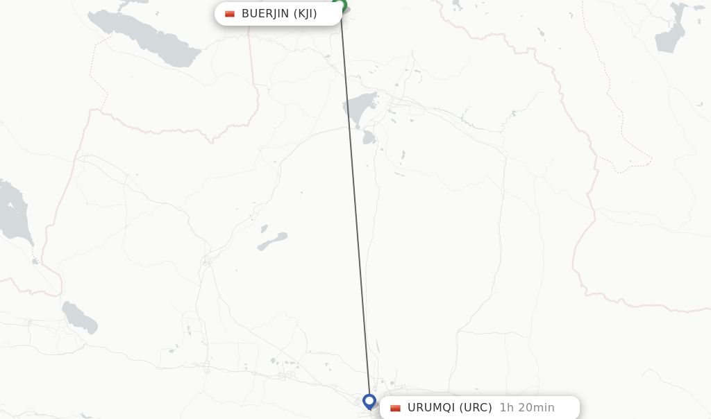 Flights from Buerjin to Urumqi route map