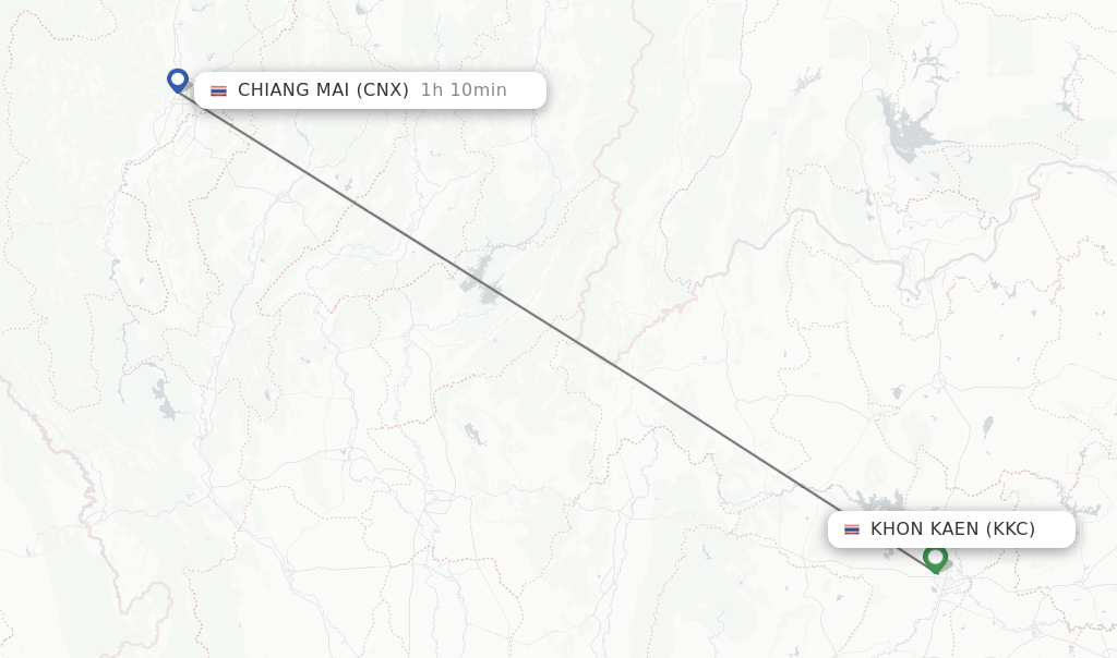 Flights from Khon Kaen to Chiang Mai route map