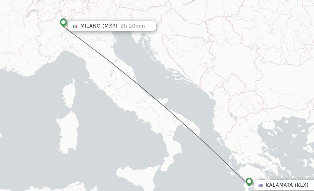 Flights from Kalamata to Milan route map