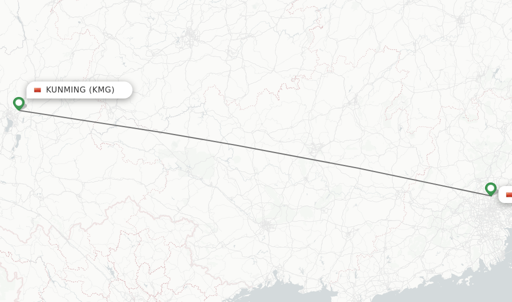 Flights from Kunming to Guangzhou route map