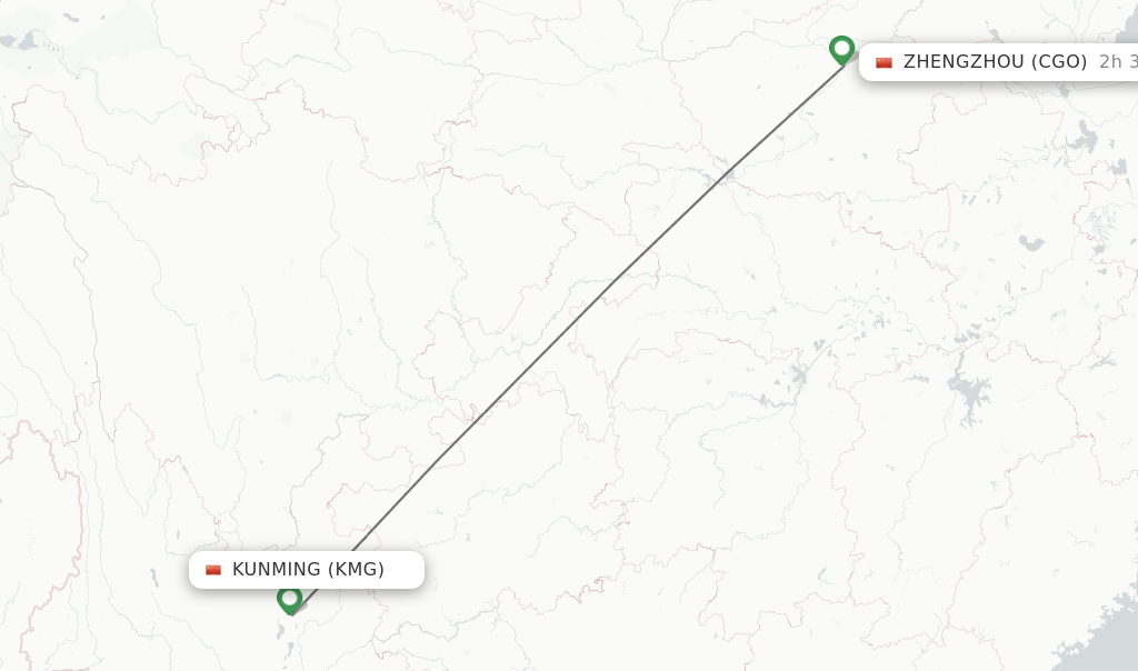 Flights from Kunming to Zhengzhou route map