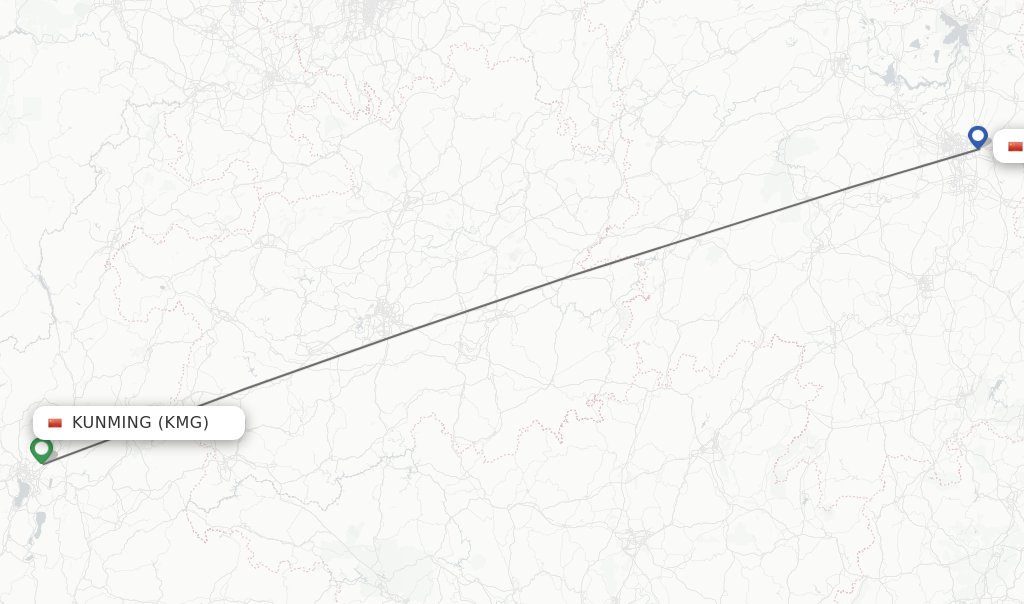 Flights from Kunming to Changsha route map