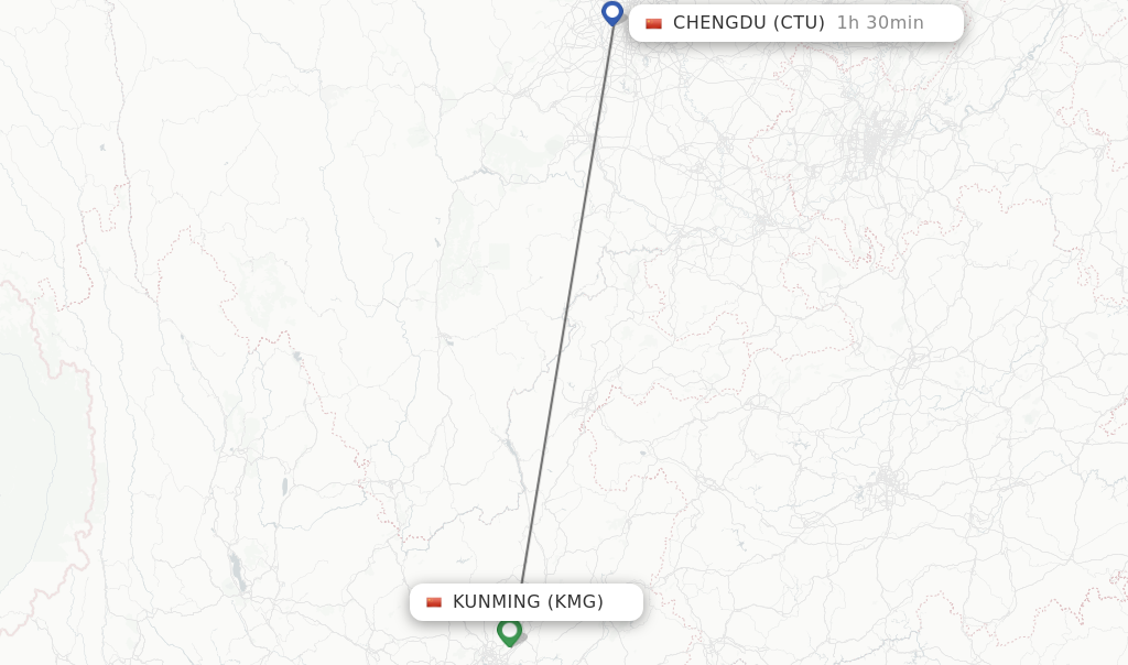 Flights from Kunming to Chengdu route map