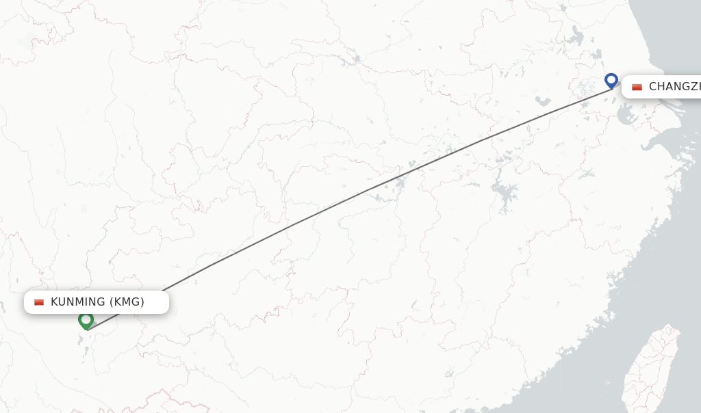 Flights from Kunming to Changzhou route map