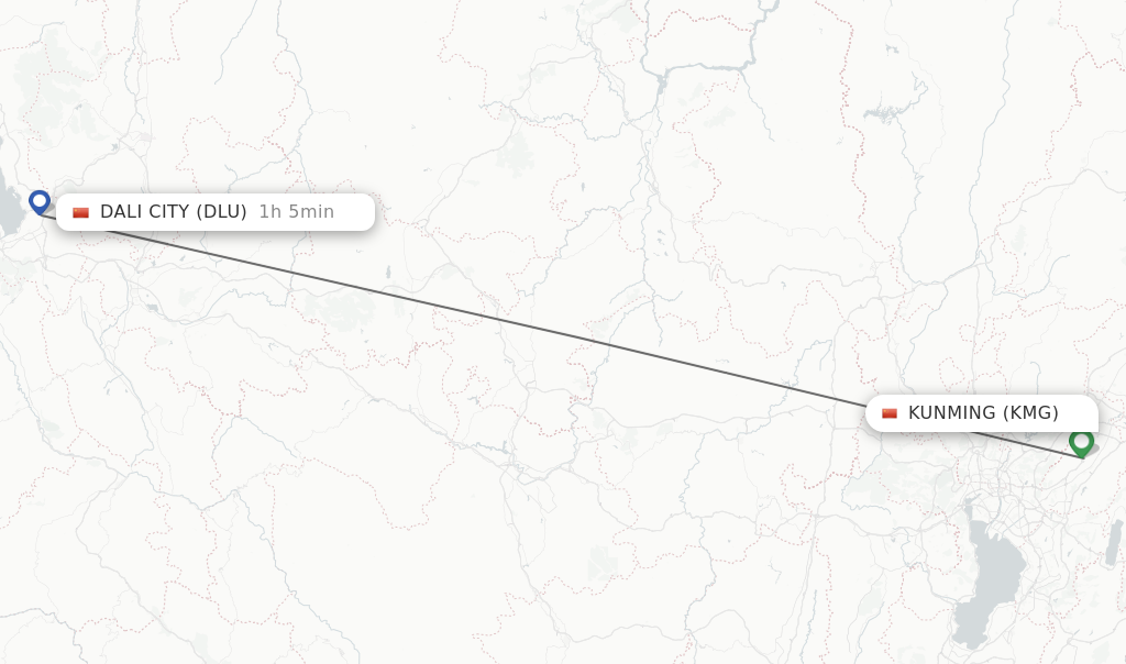 Flights from Kunming to Dali City route map