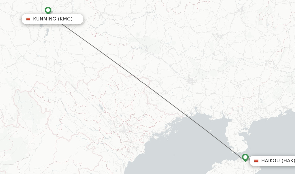 Flights from Kunming to Haikou route map
