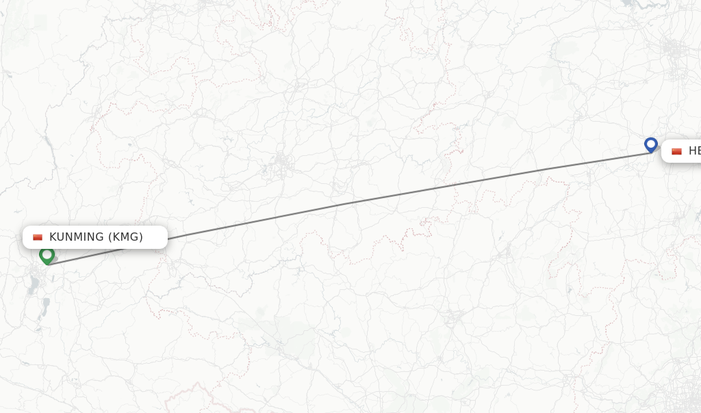 Flights from Kunming to Hengyang route map