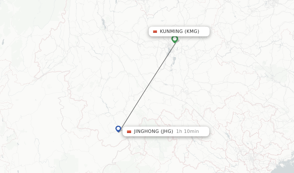 Flights from Kunming to Jinghong route map
