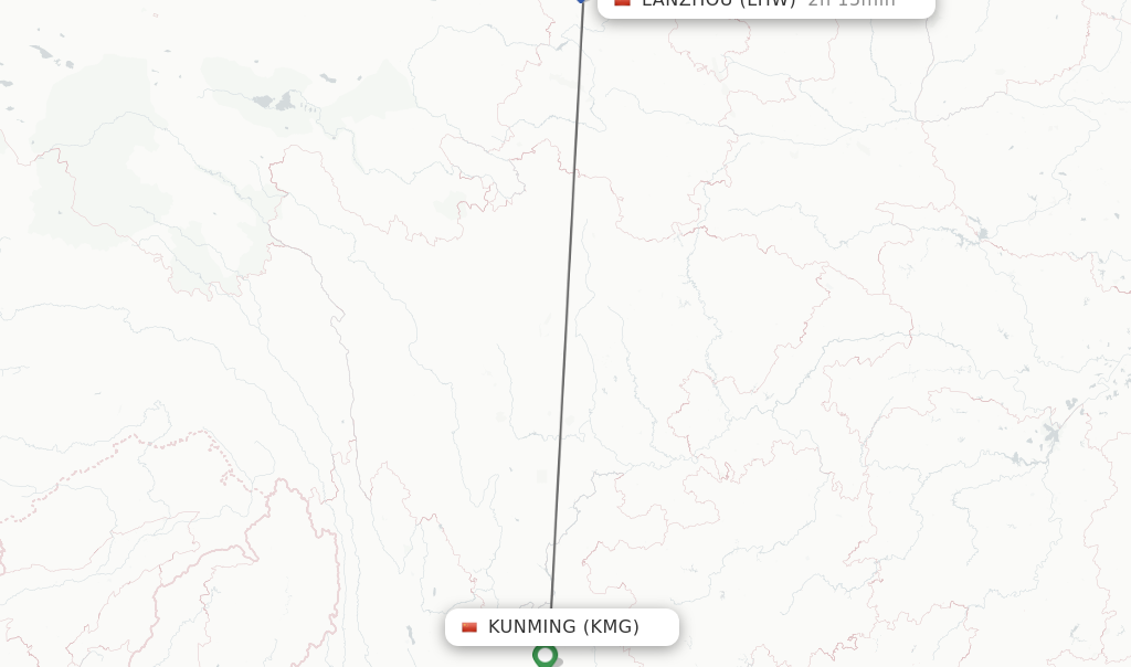 Flights from Kunming to Lanzhou route map