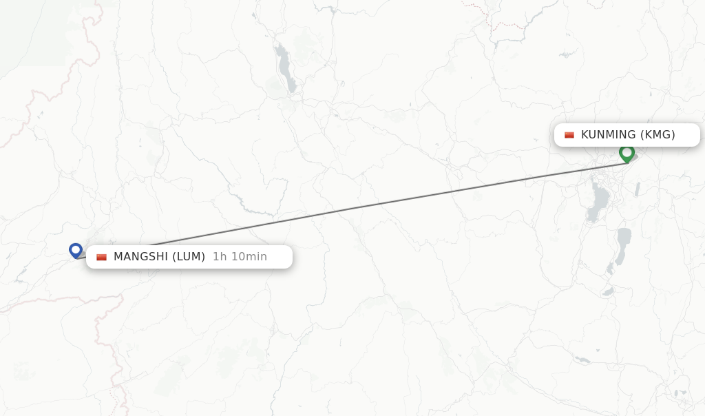 Flights from Kunming to Mangshi route map