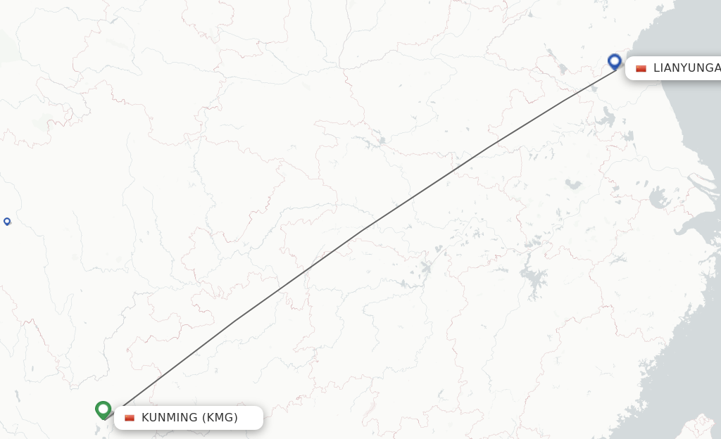 Flights from Kunming to Lianyungang route map