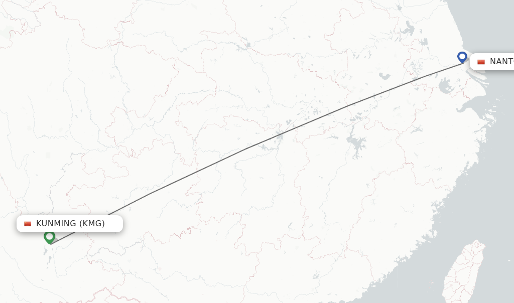 Flights from Kunming to Nantong route map