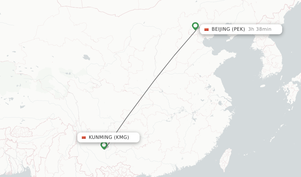 Flights from Kunming to Beijing route map