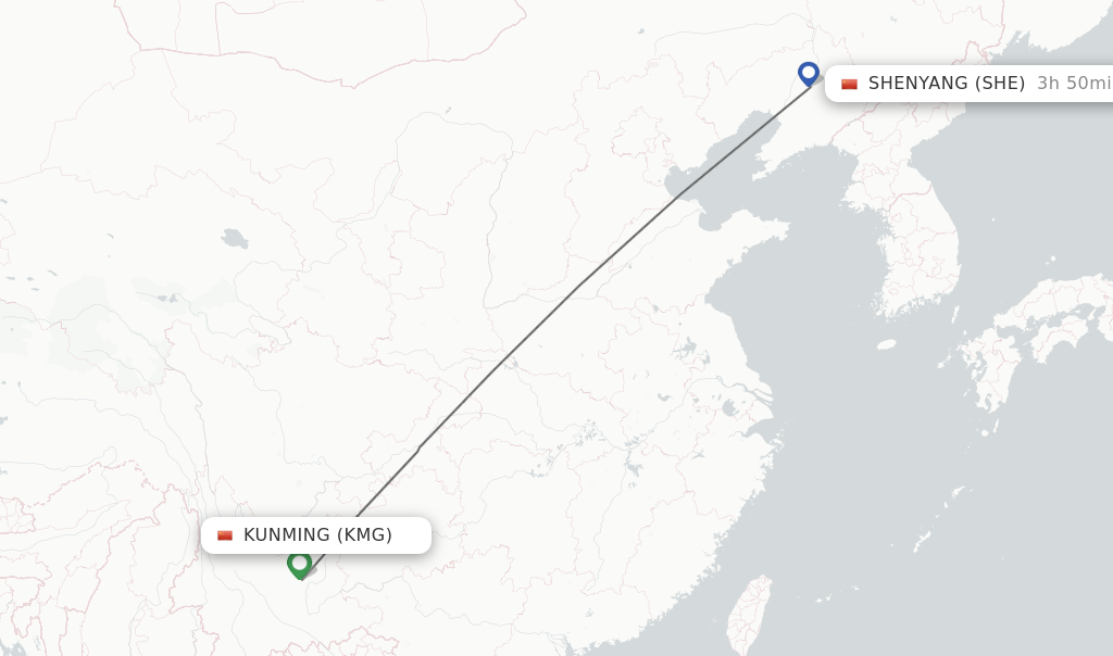 Flights from Kunming to Shenyang route map